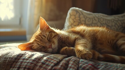 A cute domestic lazy cat is relaxing on a cozy sofa. Rest and relaxation.