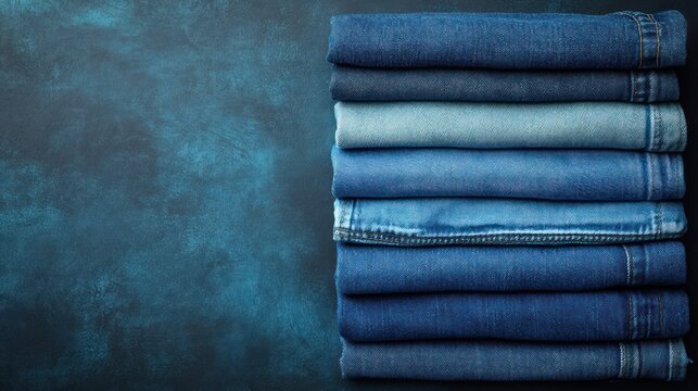 Folded denim jeans stack on blue textured background