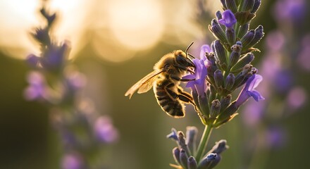 Close up of a fuzzy honey bee collecting nectar from a vibrant purple lavender flower in a sunlit field at sunset