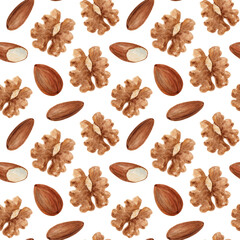 Watercolor illustration of almonds and walnuts, seamless pattern on a white background. Hand-drawn mixed nuts. Healthy snacks.