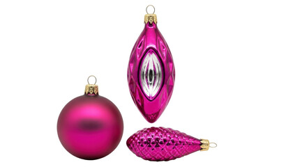 Isolated shiny magenta colored Christmas ornaments, holiday decorations for celebration