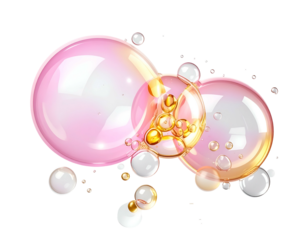 Translucent, iridescent spheres and droplets, sparkling with light