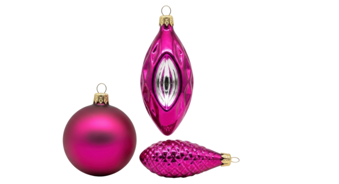 Isolated shiny magenta colored Christmas ornaments, holiday decorations for celebration