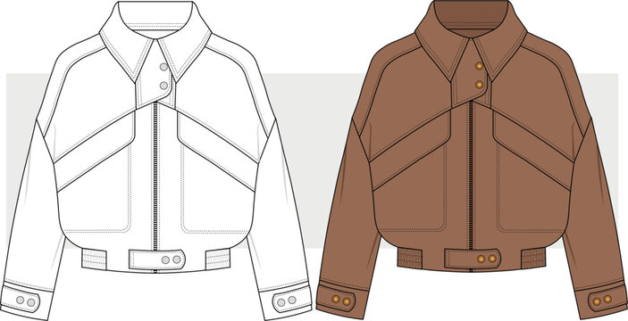 Unisex biker suede leather jacket fashion technical drawing, illustration. Style jacket, coat fashion sketch vector. Cad, Mockup.