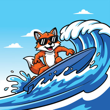 A cool cartoon fox wearing sunglasses is happily surfing on a big blue ocean wave under a clear sky.