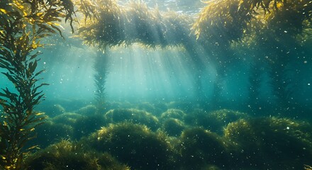 Sunlight filtering through kelp forest canopy illuminating underwater ecosystem with shimmering particles and vibrant green and brown seaweed