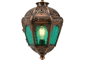 Isolated vintage pendant lamp with green glass and bronze metalwork, indoor lighting