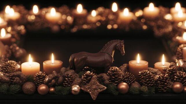 Decorative frame adorned with soft candlelight golden ornaments and pine cones for a cozy holiday setting