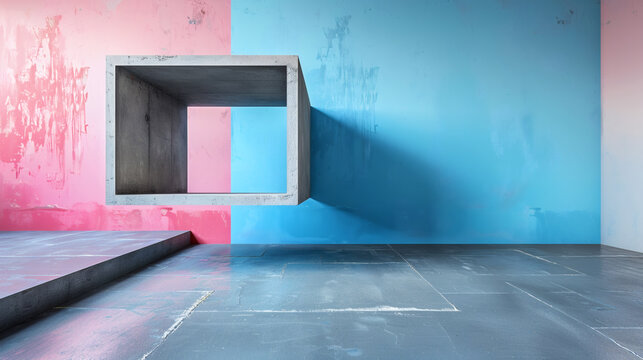 Minimal concrete cube floating in abstract empty room with pink and blue walls