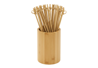 Isolated appetizer sticks in a cylindrical wooden container, party food accessories, bar supplies