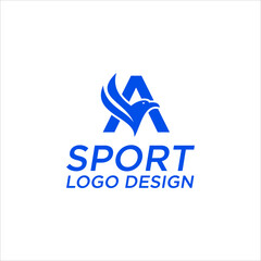 Modern letter A falcon sport logo design with flying bird shape representing strength, speed, and freedom in abstract blue vector style for athletic and corporate branding