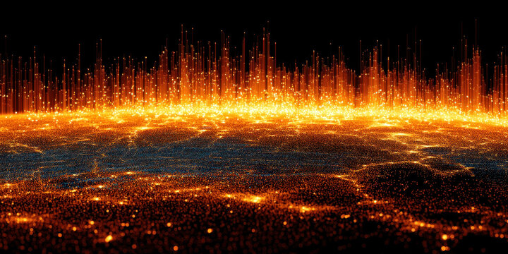 Vibrant digital illustration depicts glowing, abstract landscape with bright orange and yellow lights resembling futuristic cityscape or data visualization. scene is dynamic and energetic