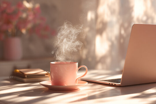 Morning warmth fills a cozy workspace with steam rising from a pink cup beside a laptop in soft golden sunlight