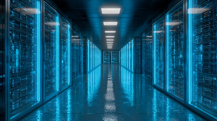 Illuminated corridor in a futuristic data center showcasing rows of servers with glowing blue lights in a sleek, modern setting