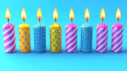 Colorful birthday candles burning brightly on blue background, perfect for celebration cards
