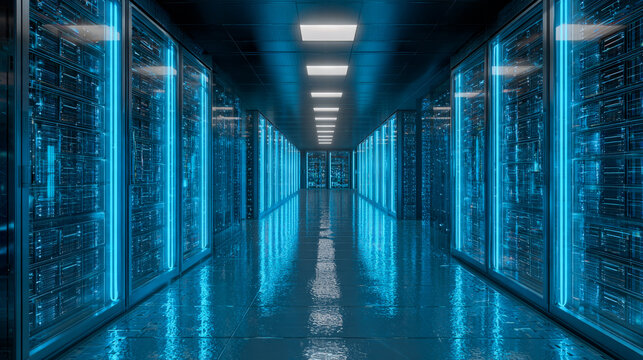 Illuminated corridor in a futuristic data center showcasing rows of servers with glowing blue lights in a sleek, modern setting