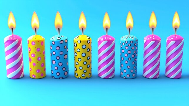 Colorful birthday candles burning brightly on blue background, perfect for celebration cards