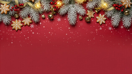 Beautiful Dark Red Christmas Background with Cookies and Ornaments. Christmas Decorations. Seasonal Wallpaper.