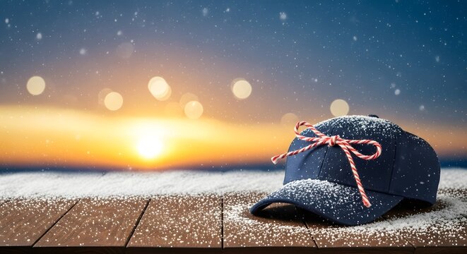 Cozy blue baseball cap dusted with snow, tied with festive ribbon, sits on a wooden surface against a warm sunset sky with falling snowflakes - Powered by Adobe
