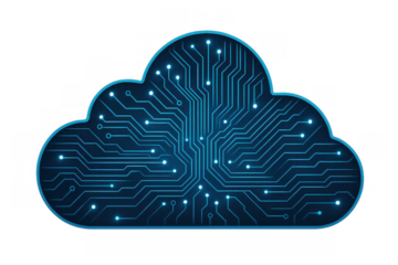 Cloud computing circuit board connecting digital data, high-tech network server technology storing information, transparent background
