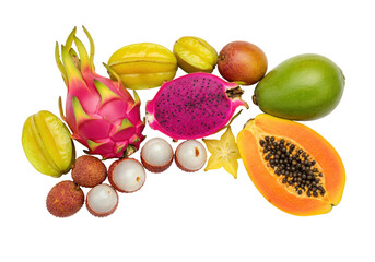 Isolated colorful tropical fruits mix including dragon fruit, papaya, mango, starfruit and lychee