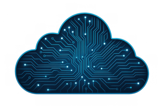 Cloud computing circuit board connecting digital data, high-tech network server technology storing information, transparent background