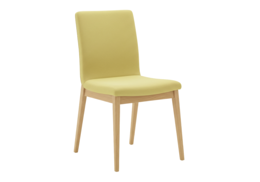 Isolated chair with light wood frame and soft yellow seat is a stylish piece of furniture