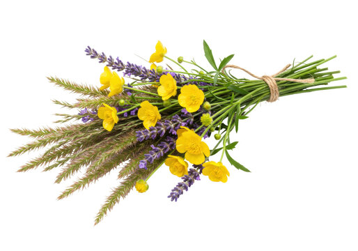 Isolated pretty bunch of buttercup flowers with lavender and decorative grass tied with twine
