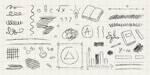 A collection of hand-drawn school doodles and education-themed sketches. This vector-style set includes books, formulas, rulers, light bulbs, lines, and scribbles drawn on a grid paper background.