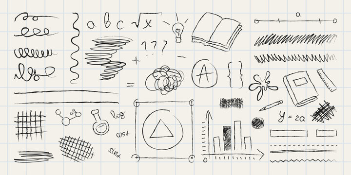 A collection of hand-drawn school doodles and education-themed sketches. This vector-style set includes books, formulas, rulers, light bulbs, lines, and scribbles drawn on a grid paper background.