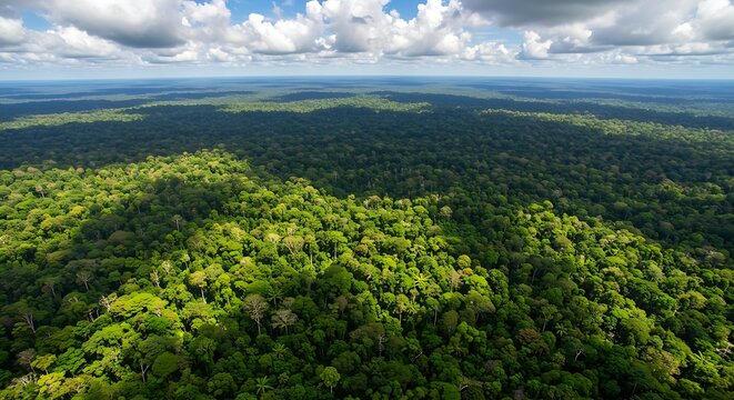 Expansive tropical rainforest canopy under a dramatic sky with sunlight breaking through clouds