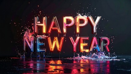 Colorful "Happy New Year" message with liquid splash effects on a dark surface