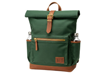 Isolated green roll-top backpack with brown leather accents, a stylish and functional bag design