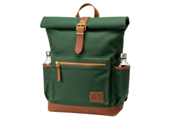 Isolated green roll-top backpack with brown leather accents, a stylish and functional bag design