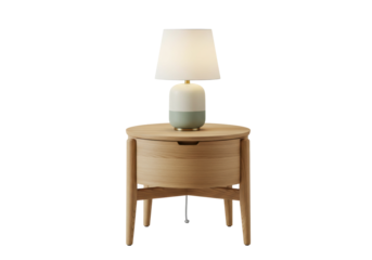 Isolated round bedside table with drawer, illuminated lamp on top, modern bedroom furniture