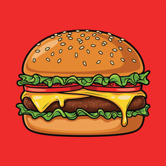 A vibrant cartoon illustration of a classic hamburger with melted cheese, fresh lettuce, and ripe tomatoes on a sesame seed bun, set against a bold red background.