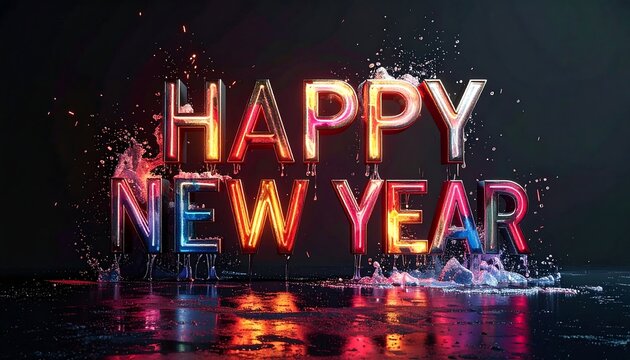 Colorful "Happy New Year" message with liquid splash effects on a dark surface - Powered by Adobe