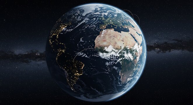 View of planet earth from space showing continents africa and europe illuminated by city lights at night and daylight