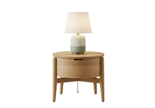 Isolated round bedside table with drawer, illuminated lamp on top, modern bedroom furniture