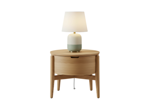 Isolated round bedside table with drawer, illuminated lamp on top, modern bedroom furniture