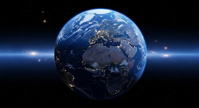 Stunning view of planet earth from space at night illuminated by city lights and a bright blue celestial glow