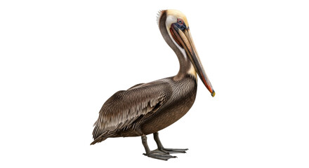 Isolated Brown Pelican standing with beautiful plumage, North American coastal birdlife
