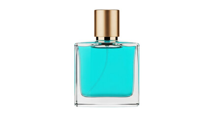 Isolated elegant perfume bottle, modern style, filled with cyan liquid, clear glass container
