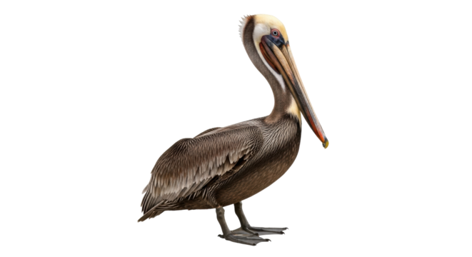 Isolated Brown Pelican standing with beautiful plumage, North American coastal birdlife
