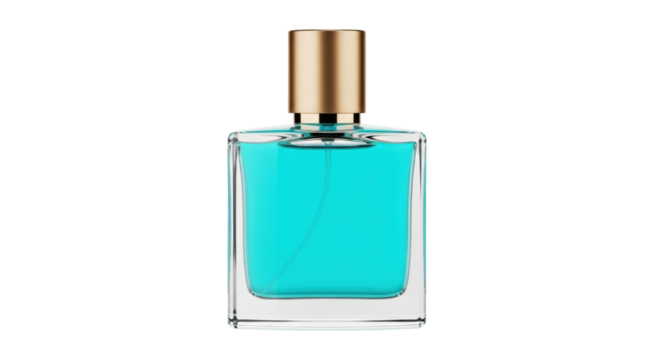 Isolated elegant perfume bottle, modern style, filled with cyan liquid, clear glass container