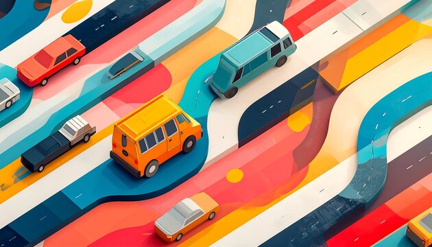 Colorful illustration of toy-like cars moving along stylized wavy roads against bright, patterned background