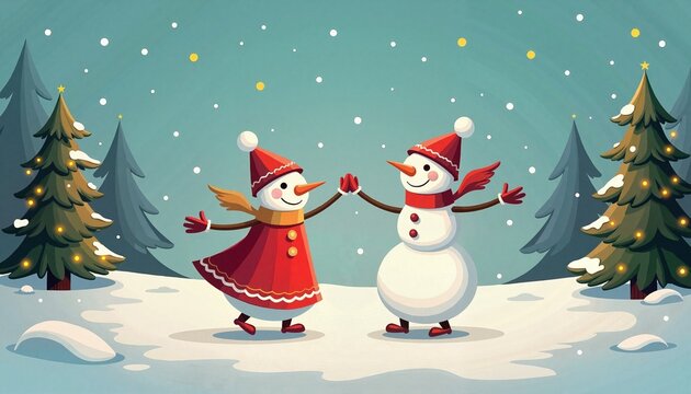Snowman boy and girl holding hands dancing in a magical forest before Christmas