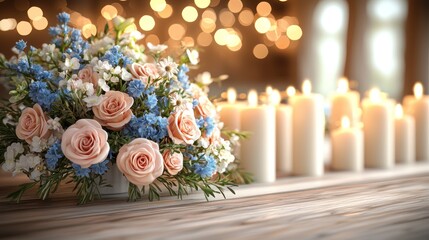 Peach roses, blue flowers, candles, wooden table, bokeh background; wedding, sympathy card