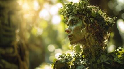 Enchanting portrait of a woman adorned in lush greenery, embodying the essence of nature in a magical forest setting. A radiant celebration of the earth's beauty and grace.