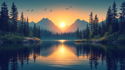 Scenic sunrise over mountain lake, forest reflections